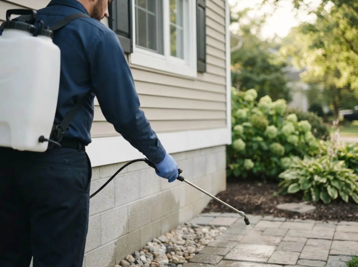 Pest control technician inspecting a home in Galena, MO